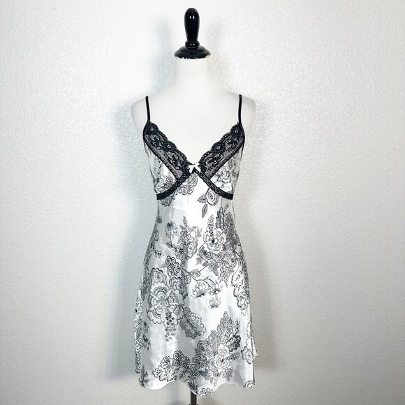 Y2K Babydoll Romantic Floral Print Lace Trim Chemise Satin Mini Slip Dress Large - Picture 1 of 14